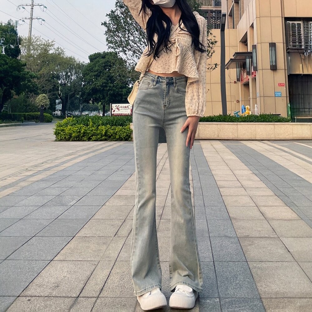 【台灣發貨】韓版美式直筒高腰淺色微喇叭牛仔褲 寬褲 褲子 女裝【P430】-細節圖5