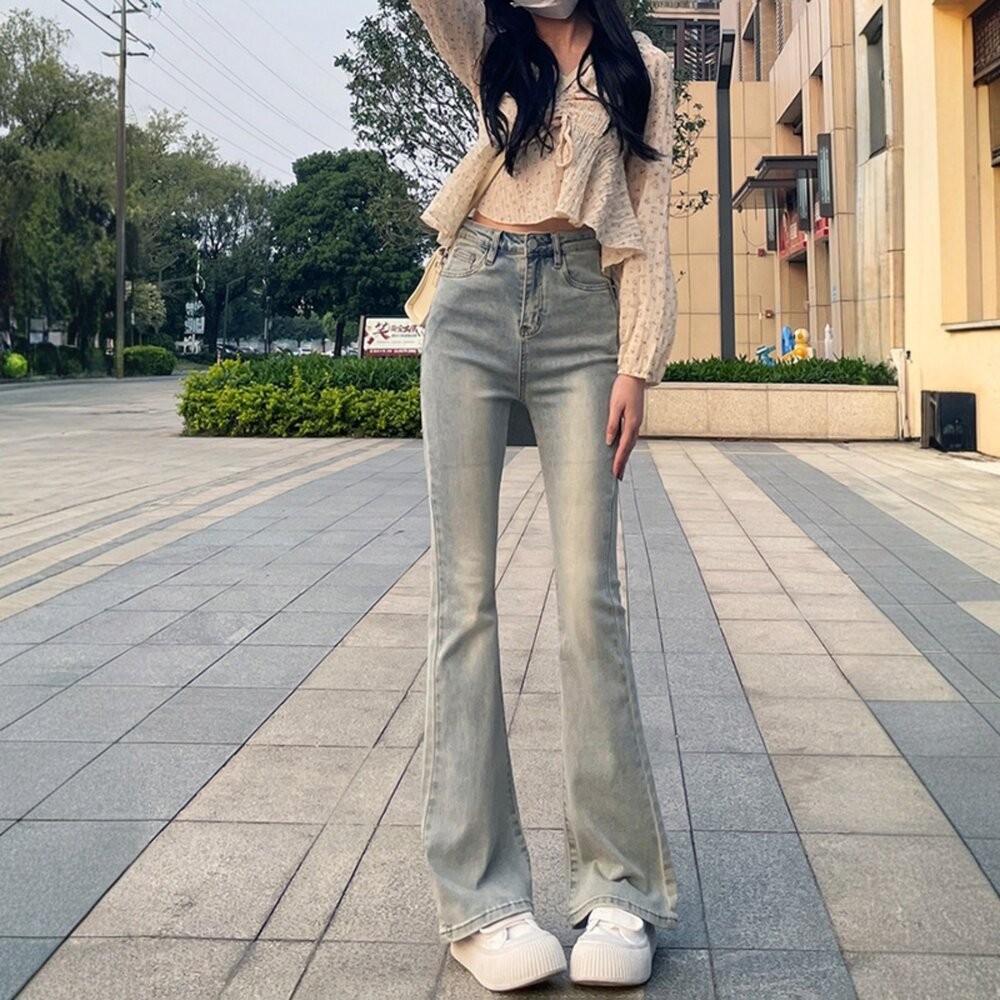【台灣發貨】韓版美式直筒高腰淺色微喇叭牛仔褲 寬褲 褲子 女裝【P430】-細節圖8