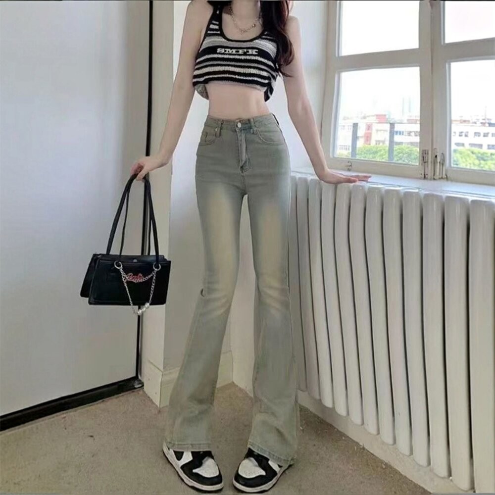【台灣發貨】韓版美式高腰顯瘦微喇叭牛仔褲 寬褲 褲子 女裝【P430】-細節圖6