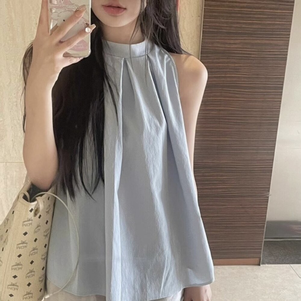 【台灣發貨】韓版夏季設計感小眾氣質無袖襯衫 小可愛 背心 衣服 女裝 上衣【V470】-細節圖3