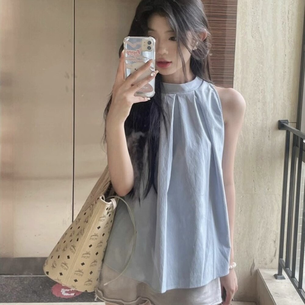 【台灣發貨】韓版夏季設計感小眾氣質無袖襯衫 小可愛 背心 衣服 女裝 上衣【V470】-細節圖4