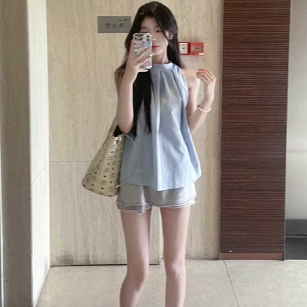 【台灣發貨】韓版夏季設計感小眾氣質無袖襯衫 小可愛 背心 衣服 女裝 上衣【V470】-細節圖5