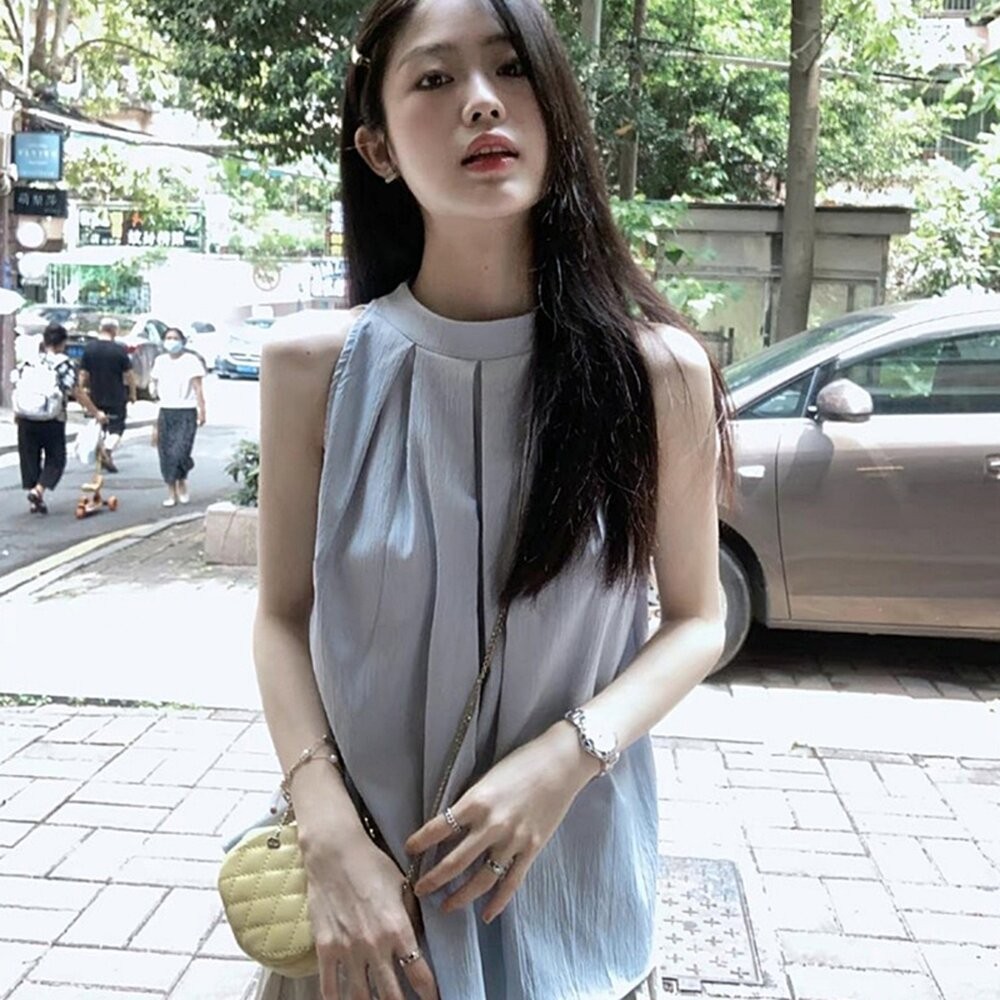 【台灣發貨】韓版氣質溫柔風寬鬆無袖上衣 小可愛 背心 衣服 女裝 上衣【V470】-細節圖5