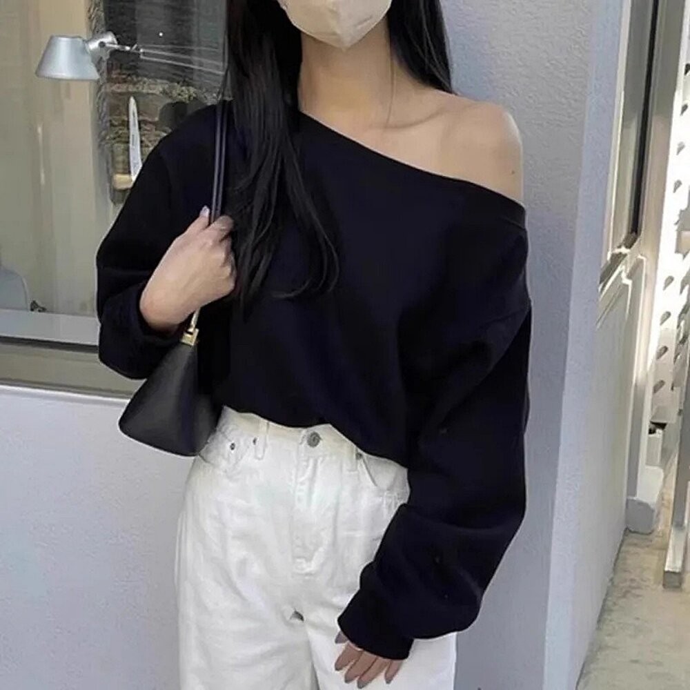 【台灣發貨】韓版美式斜肩長袖寬鬆上衣 長袖上衣 長袖T恤 衣服 女裝 上衣【W673】-細節圖4