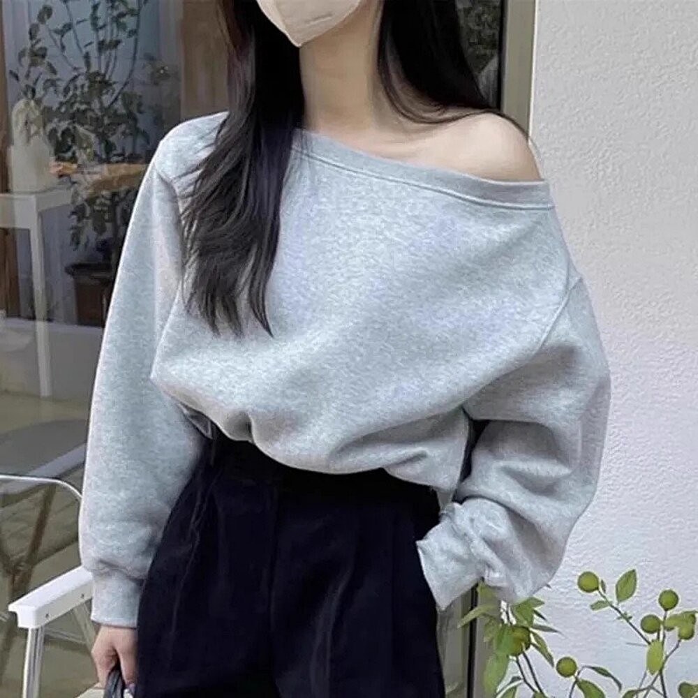 【台灣發貨】韓版美式斜肩長袖寬鬆上衣 長袖上衣 長袖T恤 衣服 女裝 上衣【W673】-細節圖8
