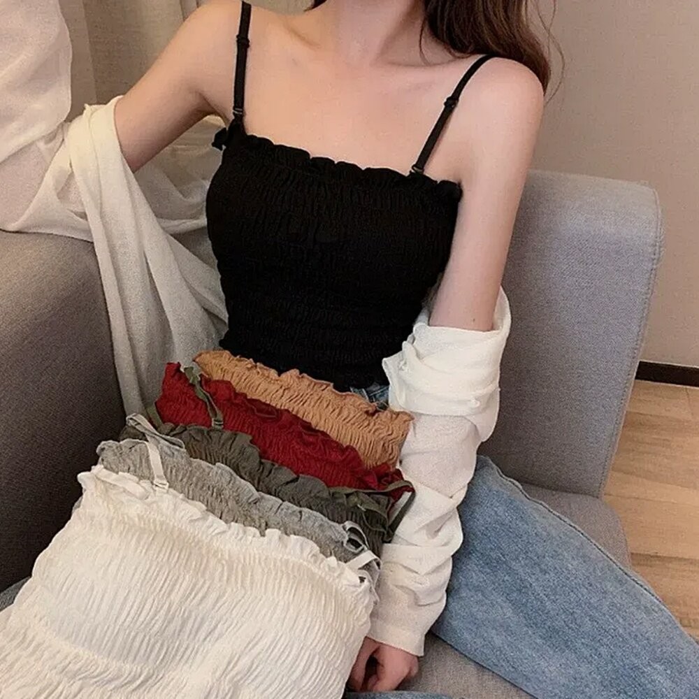 【台灣發貨】韓版美背百搭褶皺背心 帶胸墊免穿內衣 小可愛 背心 衣服 女裝 上衣【V103】-細節圖3