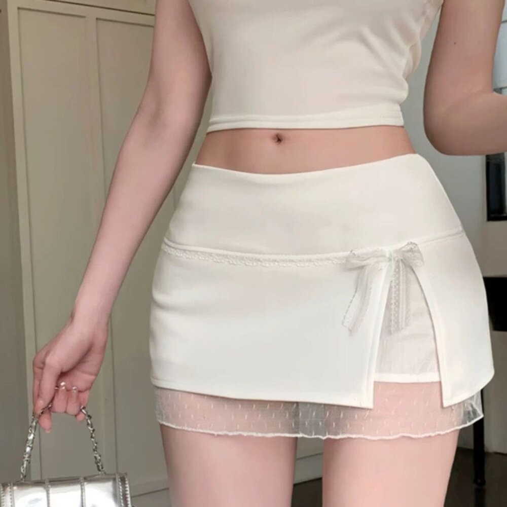 【台灣發貨】韓版蕾絲拼接雙層防走光短裙 有安全褲 短褲 褲子 女裝【P435】-細節圖2
