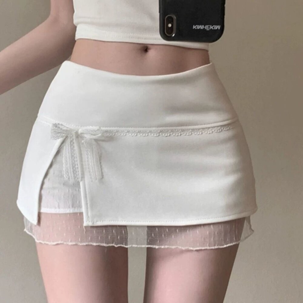 【台灣發貨】韓版蕾絲拼接雙層防走光短裙 有安全褲 短褲 褲子 女裝【P435】-細節圖4