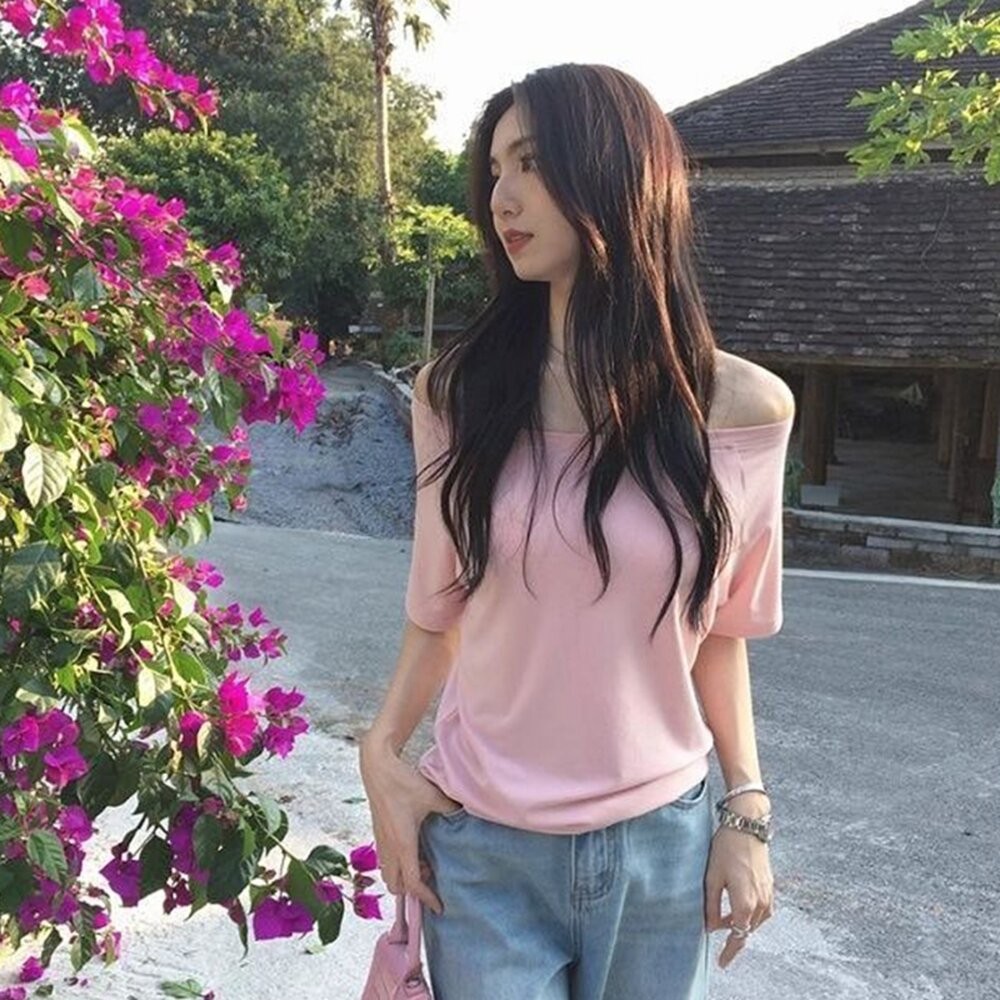 【台灣發貨】韓版斜肩寬鬆短袖上衣 衣服 女裝 t恤 短袖t恤 上衣【T617】-細節圖2