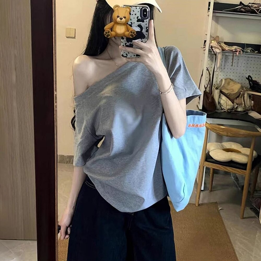 【台灣發貨】韓版斜肩寬鬆短袖上衣 衣服 女裝 t恤 短袖t恤 上衣【T617】-細節圖6