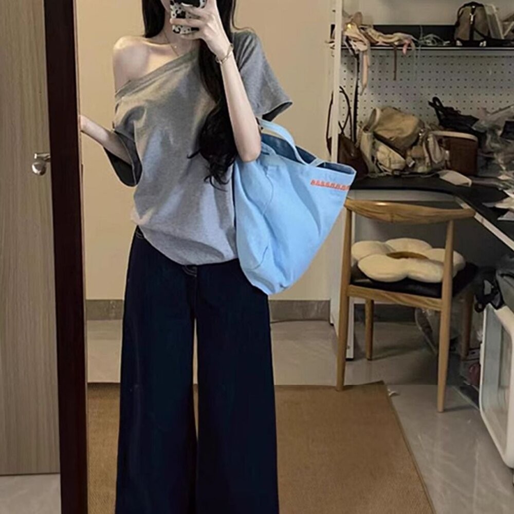【台灣發貨】韓版斜肩寬鬆短袖上衣 衣服 女裝 t恤 短袖t恤 上衣【T617】-細節圖8