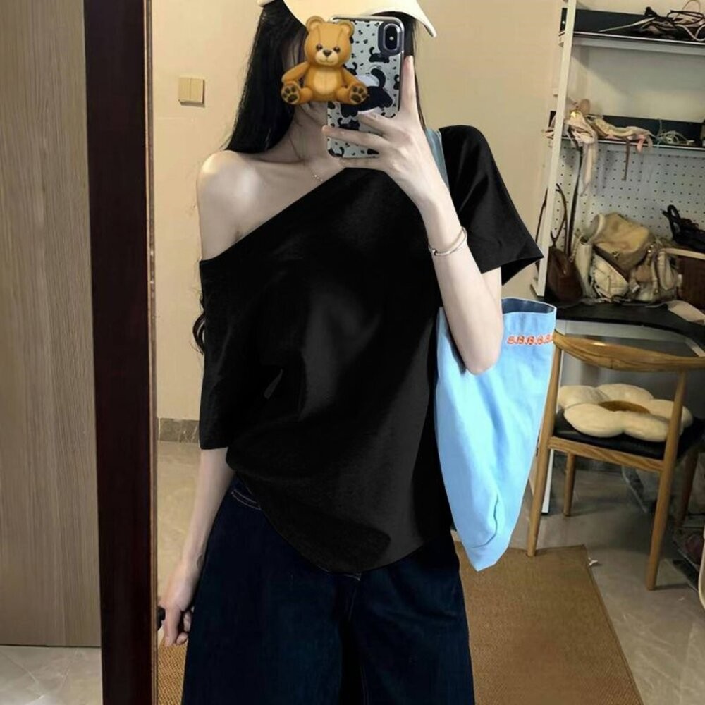 【台灣發貨】韓版斜肩寬鬆短袖上衣 衣服 女裝 t恤 短袖t恤 上衣【T617】-細節圖9