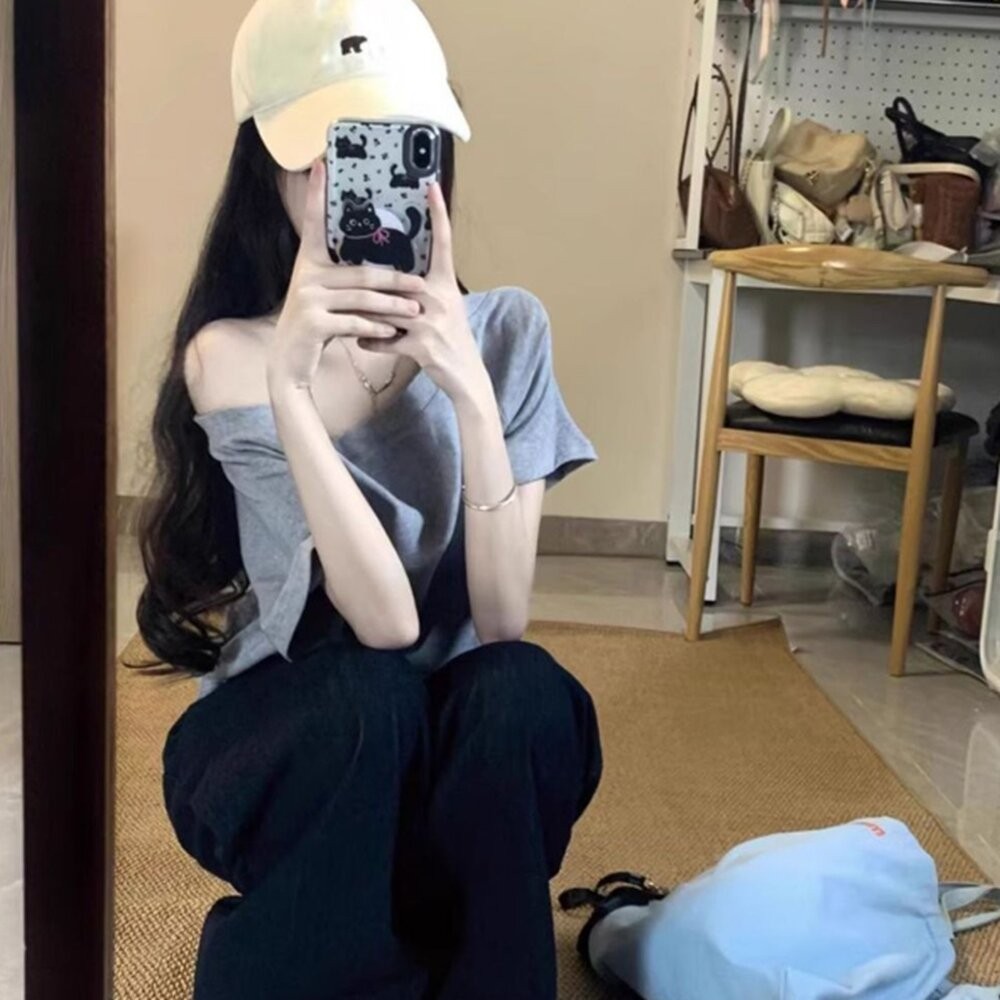 【台灣發貨】韓版斜肩寬鬆短袖上衣 衣服 女裝 t恤 短袖t恤 上衣【T617】-細節圖10