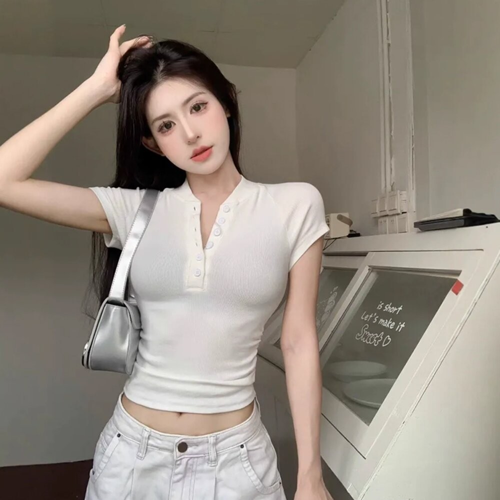 【台灣發貨】韓版美式半開領短袖上衣 衣服 女裝 t恤 短袖t恤 上衣【T715】-細節圖8