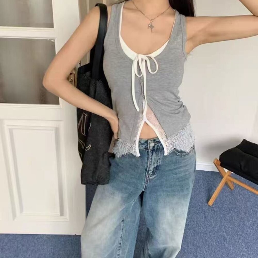 【台灣發貨】韓版氣質高級感蕾絲花邊背心 帶胸墊免穿內衣 小可愛 背心 衣服 女裝 上衣【V474】-細節圖4