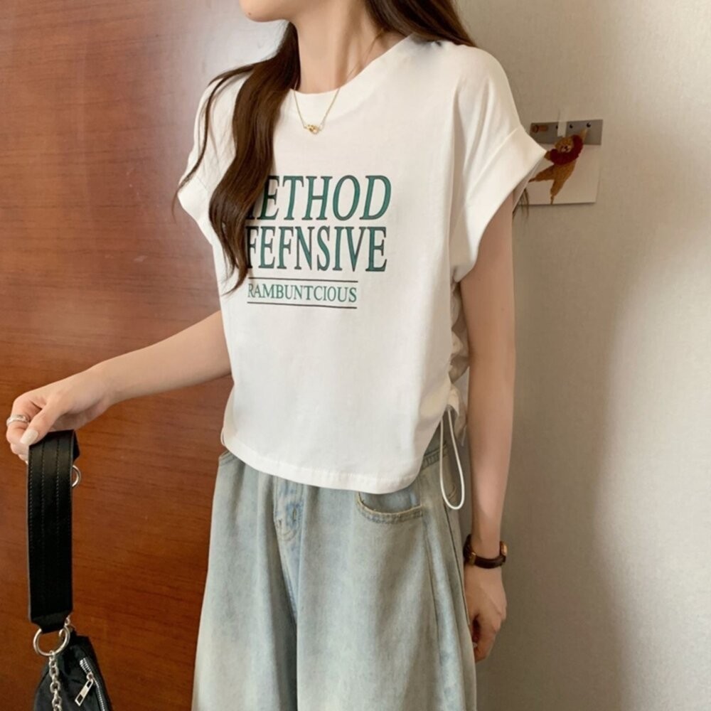 【台灣發貨】韓版側邊綁繩小眾寬鬆短袖上衣 衣服 女裝 t恤 短袖t恤 上衣【T582】-細節圖6