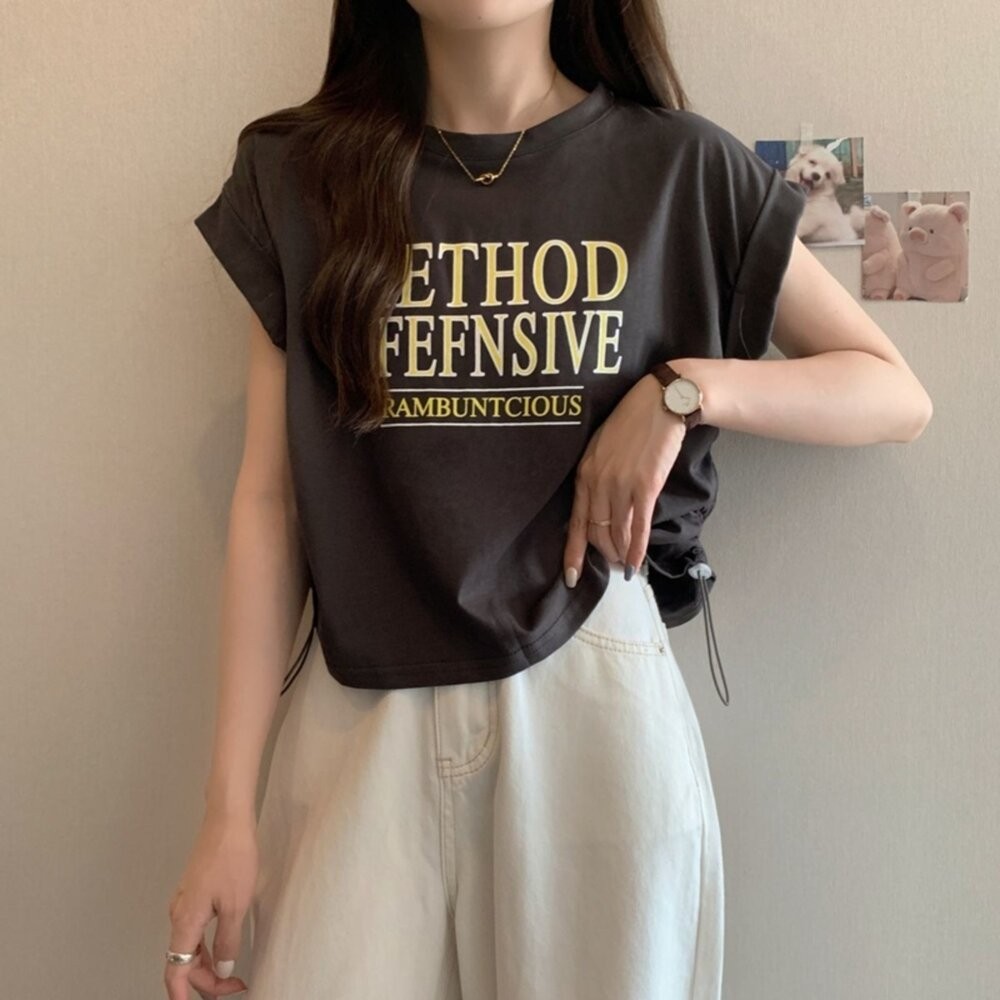 【台灣發貨】韓版側邊綁繩小眾寬鬆短袖上衣 衣服 女裝 t恤 短袖t恤 上衣【T582】-細節圖7