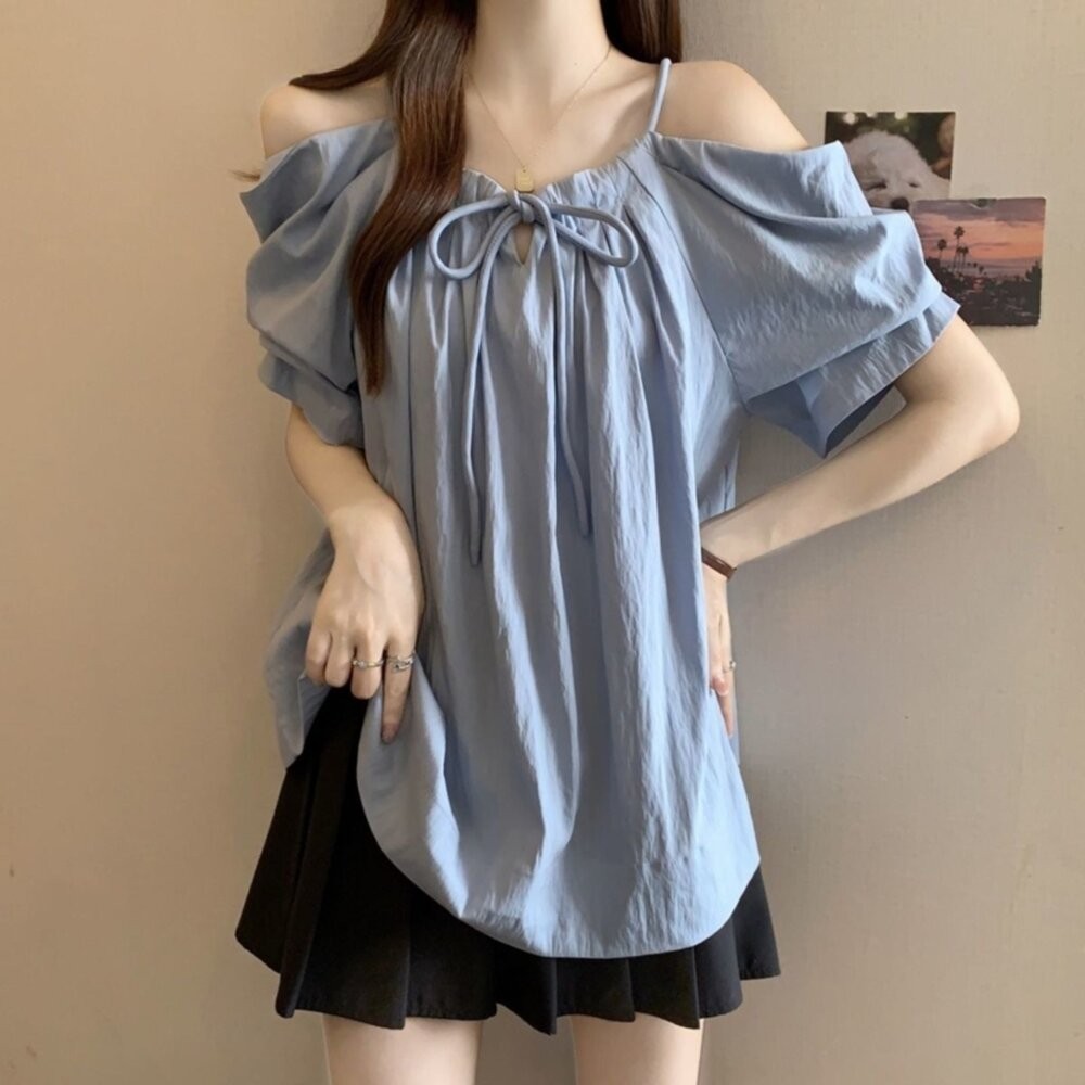 【台灣發貨】韓版氣質一字肩短袖上衣 衣服 女裝 t恤 短袖t恤 上衣【T717】-細節圖5