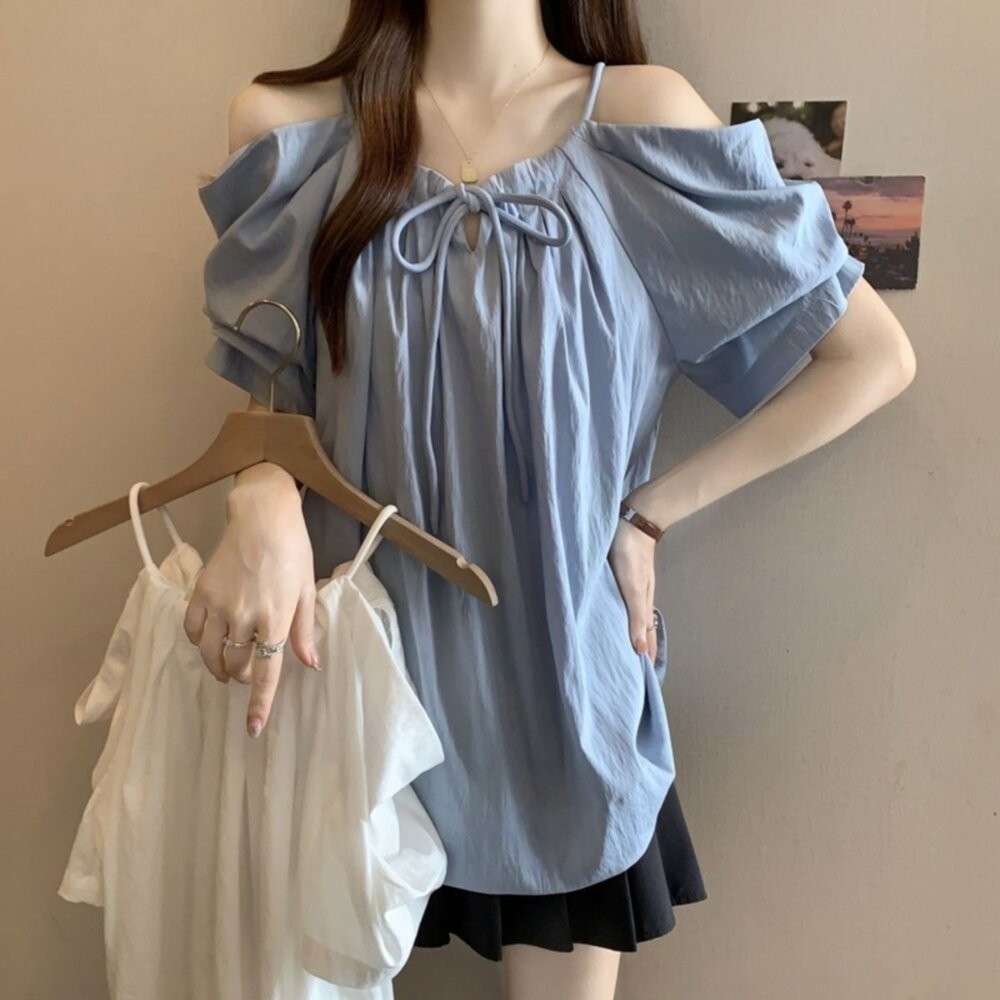 【台灣發貨】韓版氣質一字肩短袖上衣 衣服 女裝 t恤 短袖t恤 上衣【T717】-細節圖7