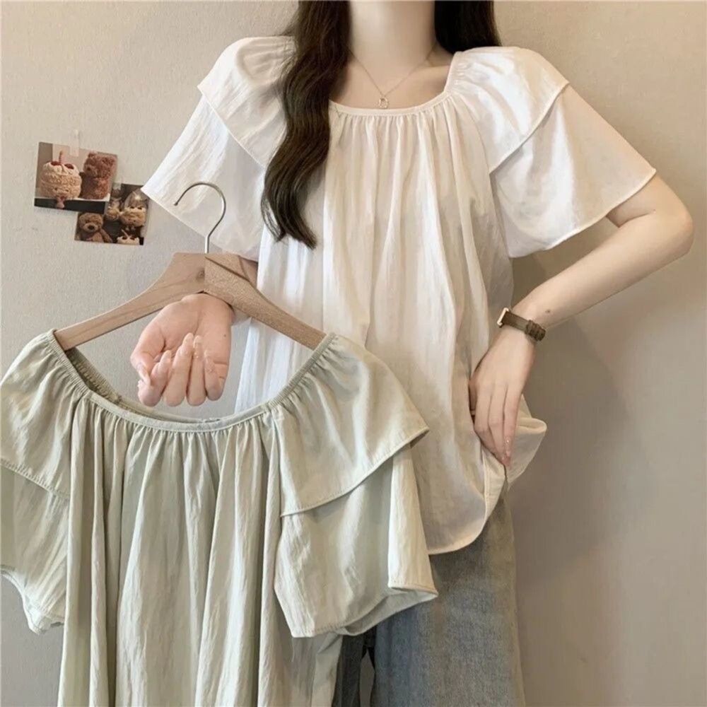 【台灣發貨】韓版復古方領短袖上衣 衣服 女裝 t恤 短袖t恤 上衣【T718】-細節圖3