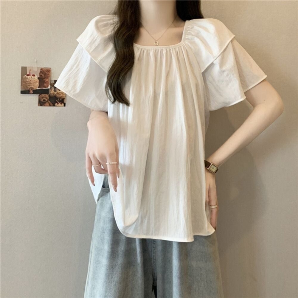 【台灣發貨】韓版復古方領短袖上衣 衣服 女裝 t恤 短袖t恤 上衣【T718】-細節圖5