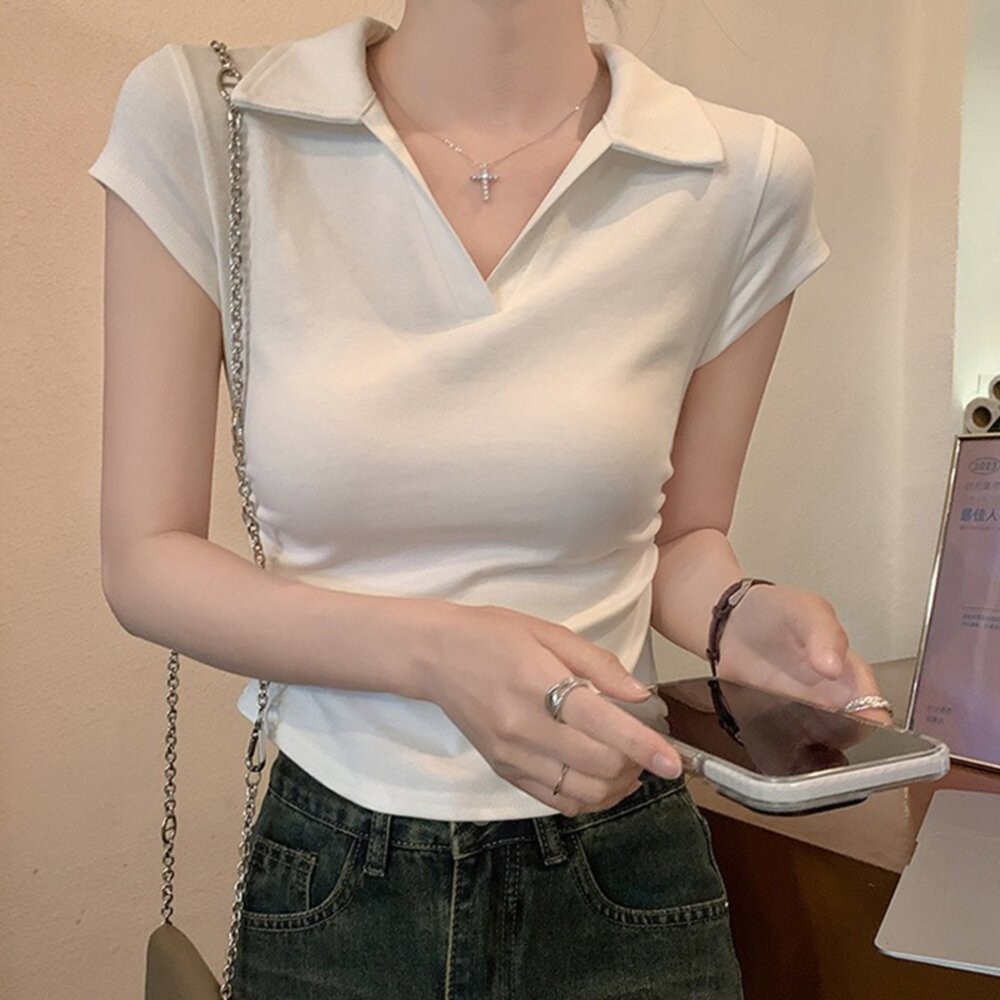 【台灣發貨】韓版設計感V領顯瘦短袖上衣 衣服 女裝 t恤 短袖t恤 上衣【T574】-細節圖2