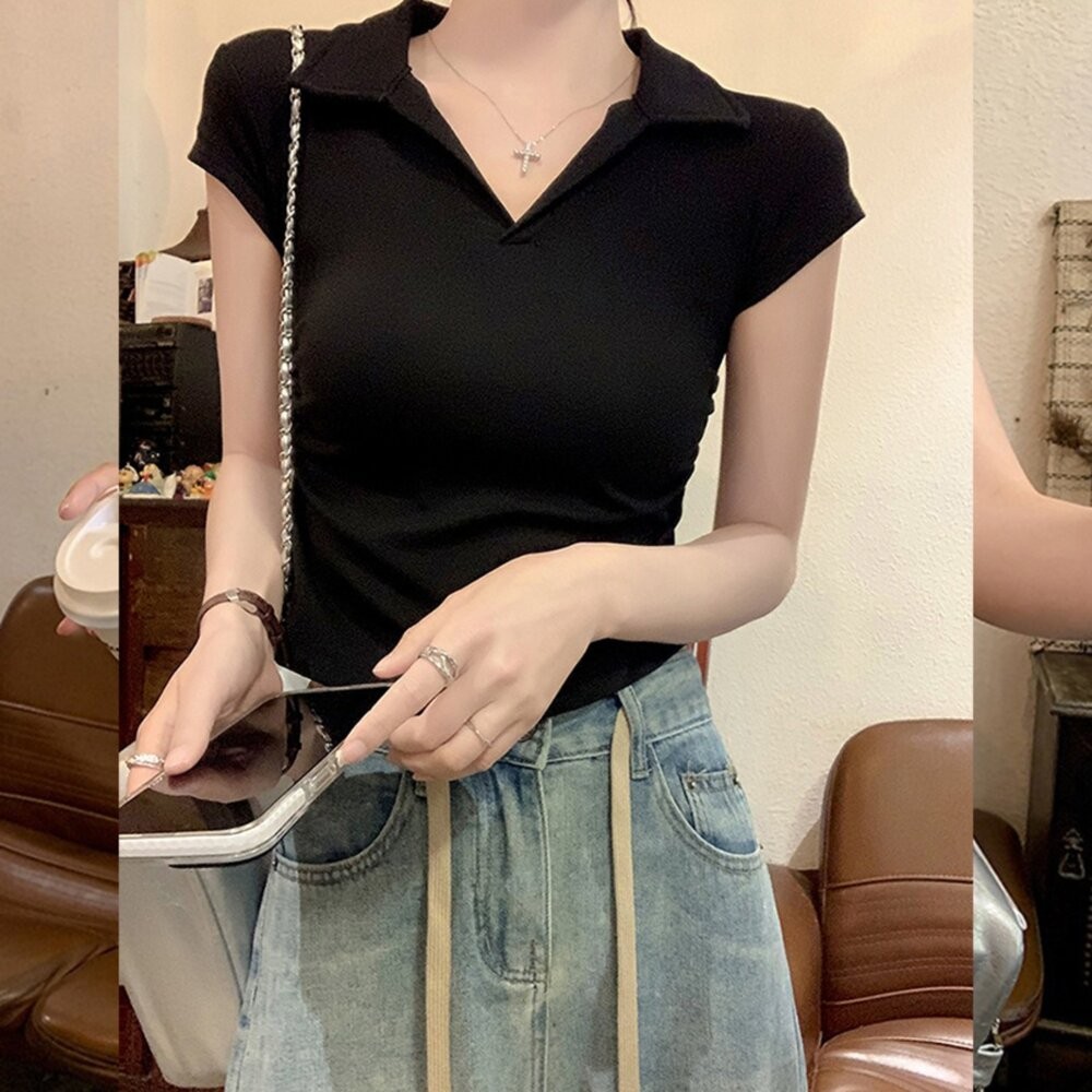【台灣發貨】韓版設計感V領顯瘦短袖上衣 衣服 女裝 t恤 短袖t恤 上衣【T574】-細節圖3