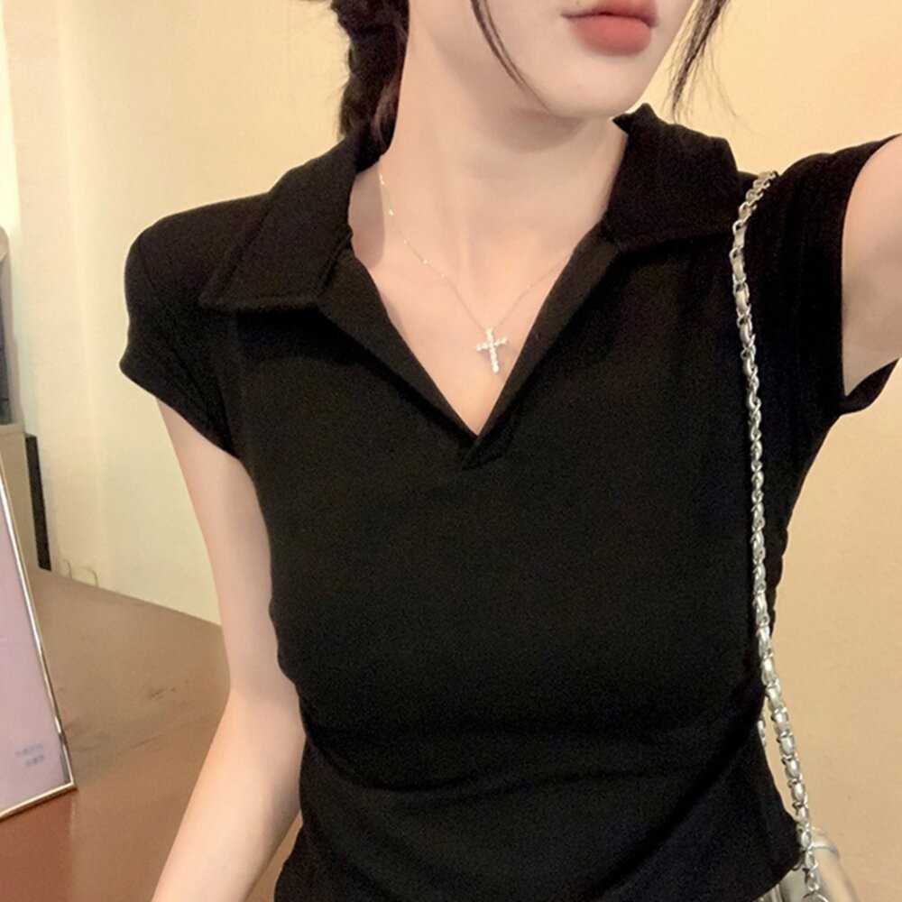 【台灣發貨】韓版設計感V領顯瘦短袖上衣 衣服 女裝 t恤 短袖t恤 上衣【T574】-細節圖7