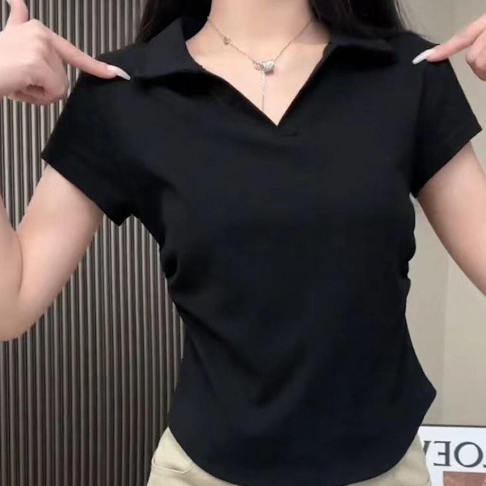 【台灣發貨】韓版休閒顯瘦翻領短版上衣 衣服 女裝 t恤 短袖t恤 上衣【T574】-細節圖2