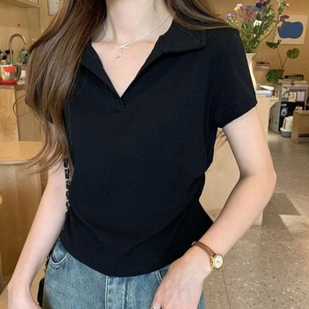 【台灣發貨】韓版休閒顯瘦翻領短版上衣 衣服 女裝 t恤 短袖t恤 上衣【T574】-細節圖4