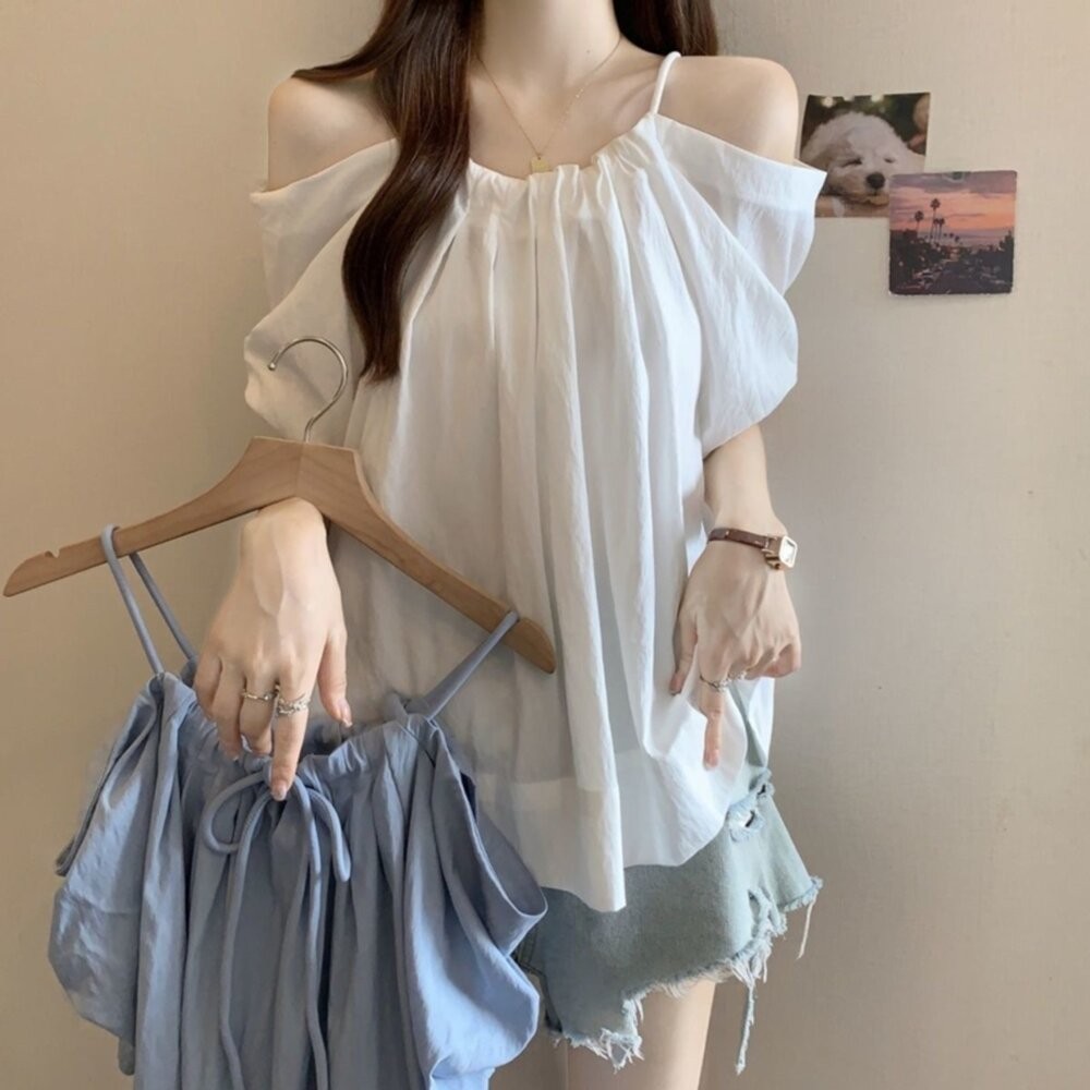 【台灣發貨】韓版氣質一字領短袖上衣 衣服 女裝 t恤 短袖t恤 上衣【T717】-細節圖3