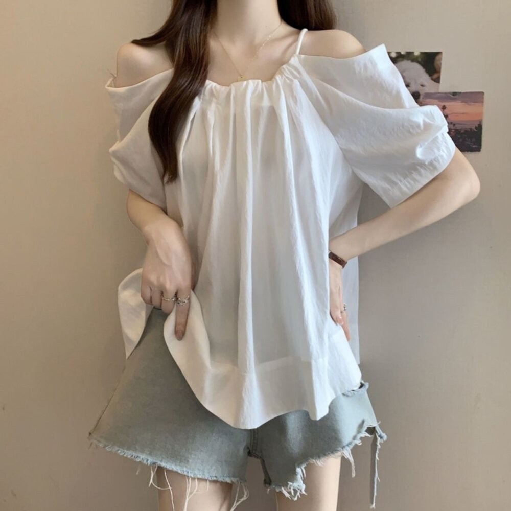 【台灣發貨】韓版氣質一字領短袖上衣 衣服 女裝 t恤 短袖t恤 上衣【T717】-細節圖5