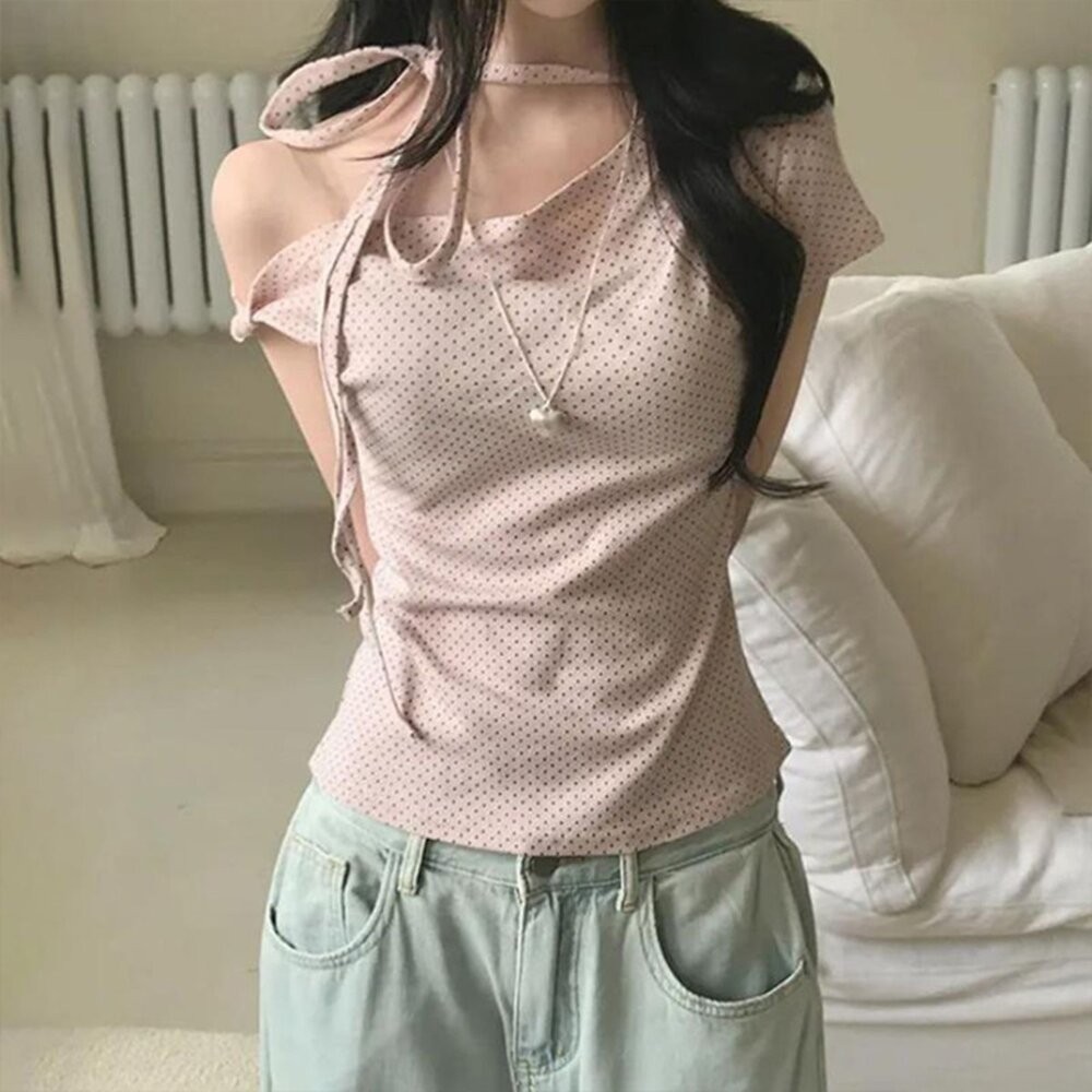 【台灣發貨】韓版顯瘦波點露肩上衣 衣服 女裝 t恤 短袖t恤 上衣【T720】-細節圖7
