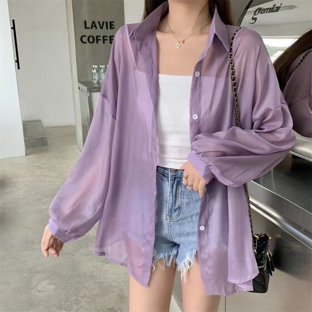 【台灣發貨】韓版氣質長袖薄款防曬襯衫外套 外套 防曬外套 女裝 上衣 衣服【J217】-細節圖3