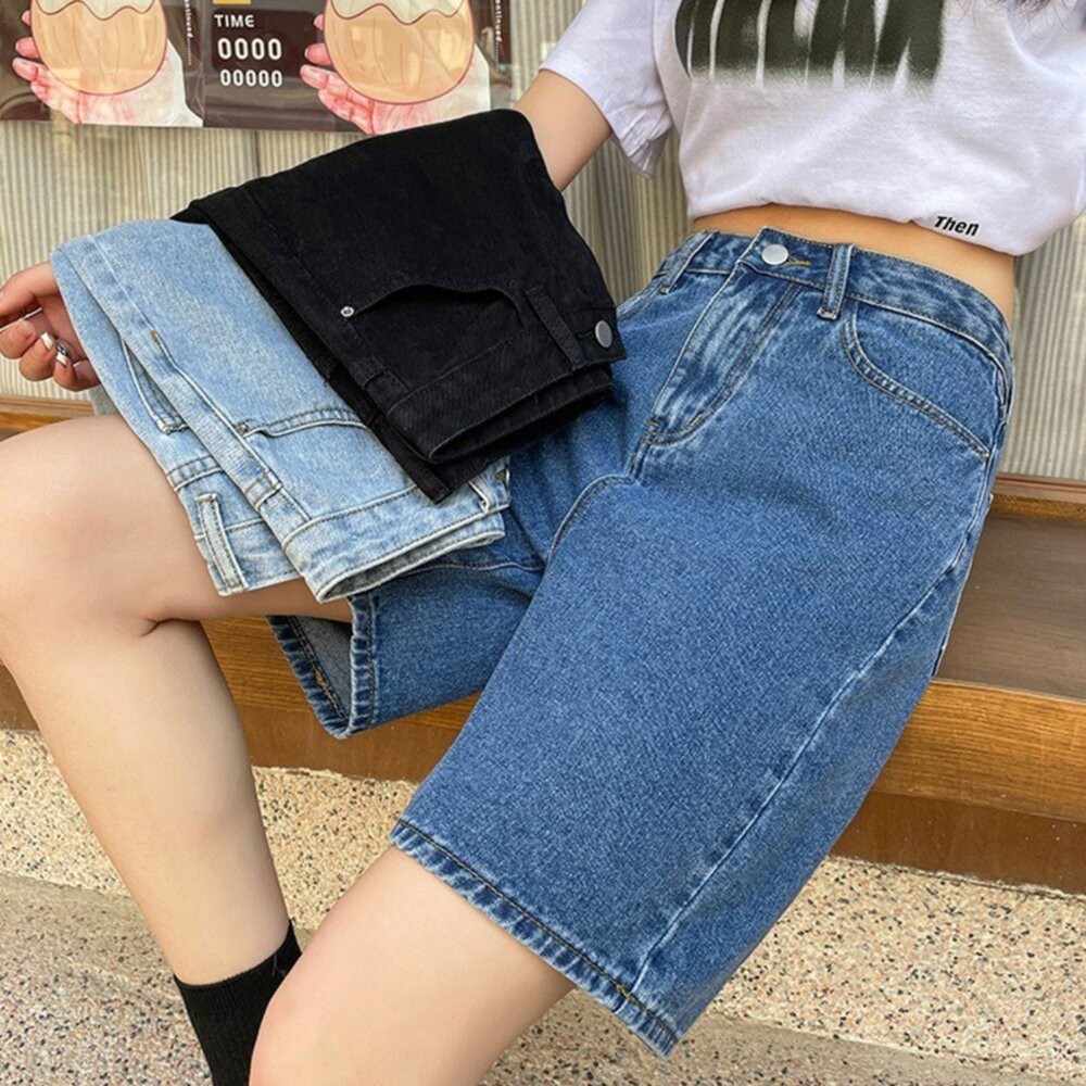 【台灣發貨】韓版高腰顯瘦復古五分牛仔短褲 短褲 褲子 女裝【P440】-細節圖4