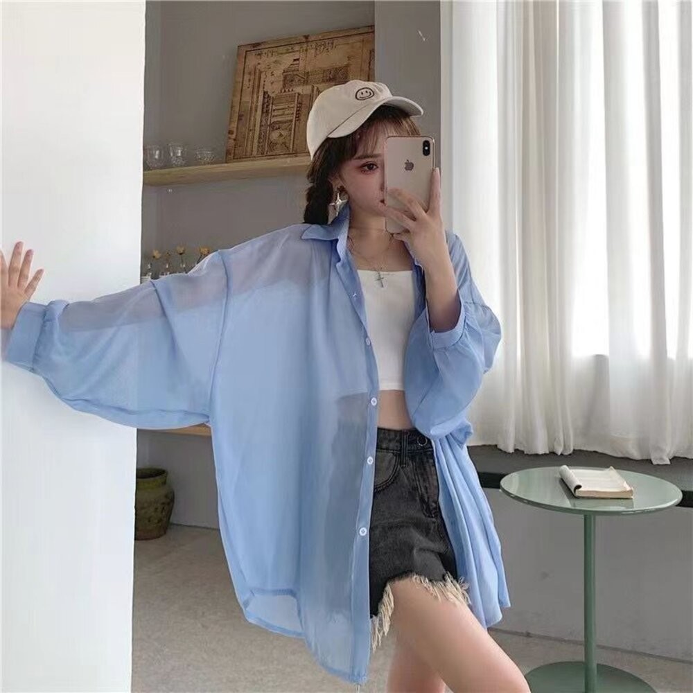 【台灣發貨】韓版設計感薄款微透長袖外套 外套 防曬外套 女裝 上衣 衣服【J217】-細節圖6