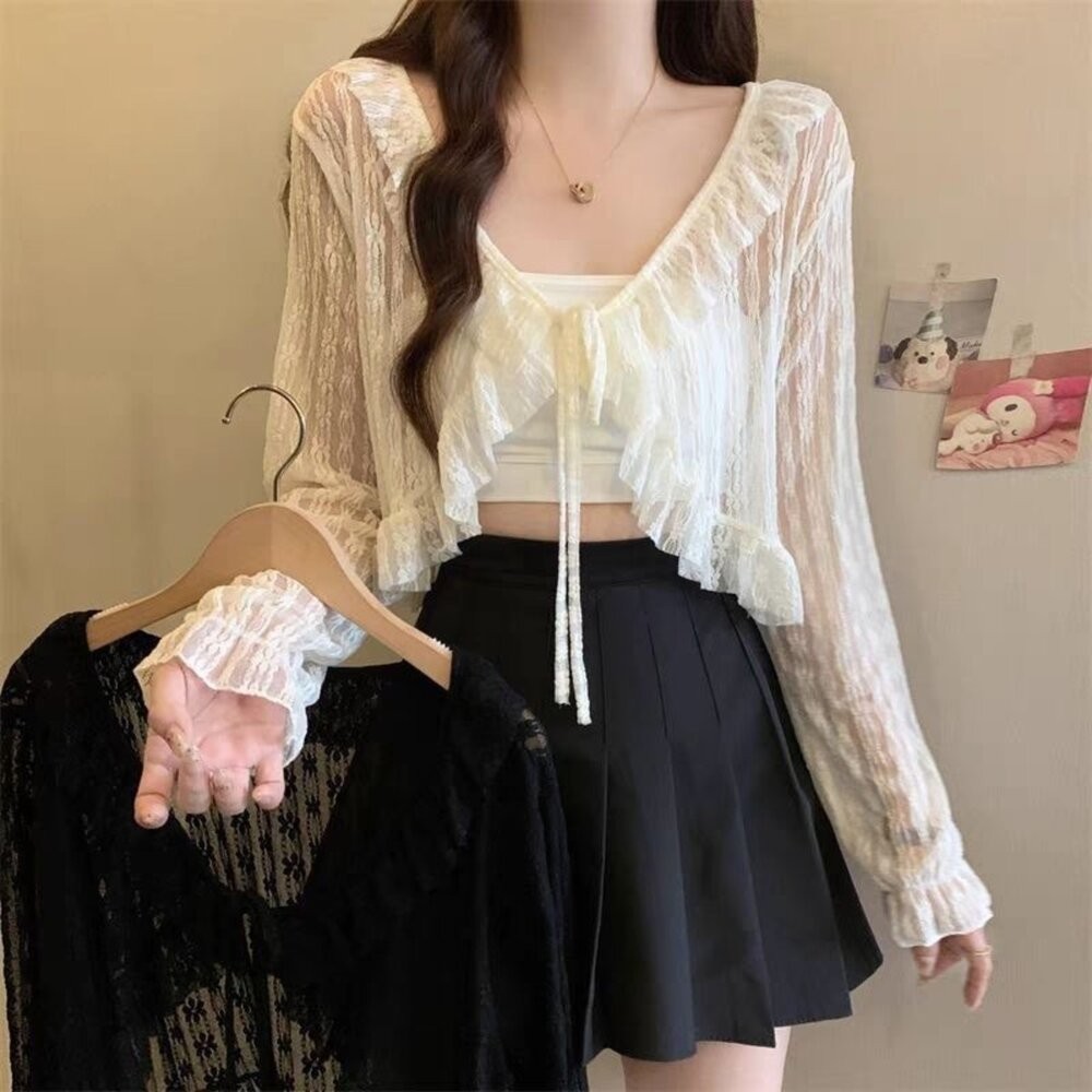 【台灣發貨】韓版顯瘦短版蕾絲防曬外套 外套 防曬外套 女裝 上衣 衣服【J336】-細節圖3