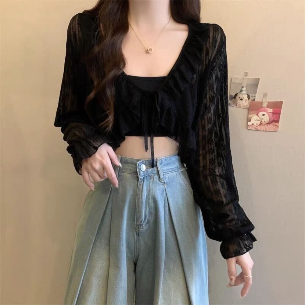 【台灣發貨】韓版顯瘦短版蕾絲防曬外套 外套 防曬外套 女裝 上衣 衣服【J336】-細節圖4