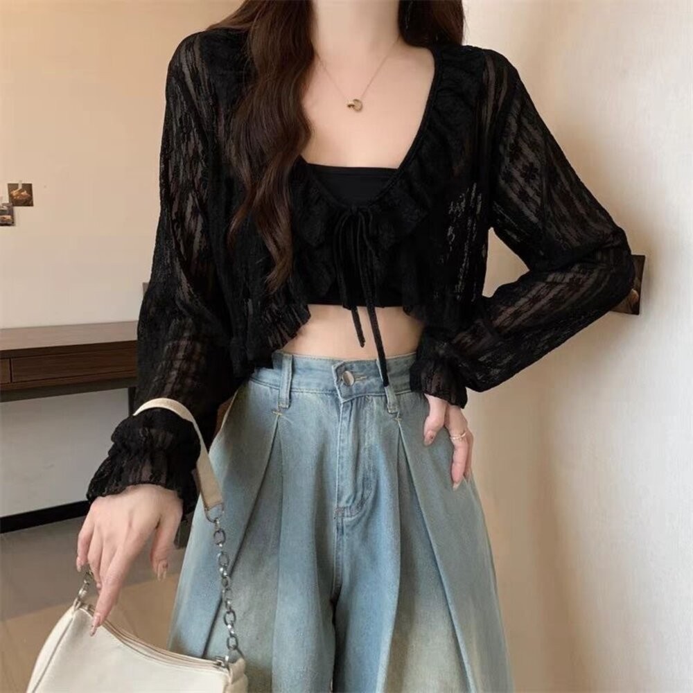 【台灣發貨】韓版夏季蕾絲防曬小披肩 外套 防曬外套 女裝 上衣 衣服【J336】-細節圖3