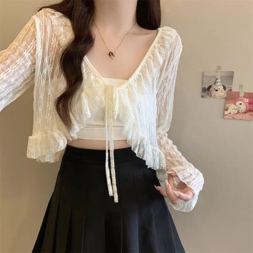 【台灣發貨】韓版夏季蕾絲防曬小披肩 外套 防曬外套 女裝 上衣 衣服【J336】-細節圖5