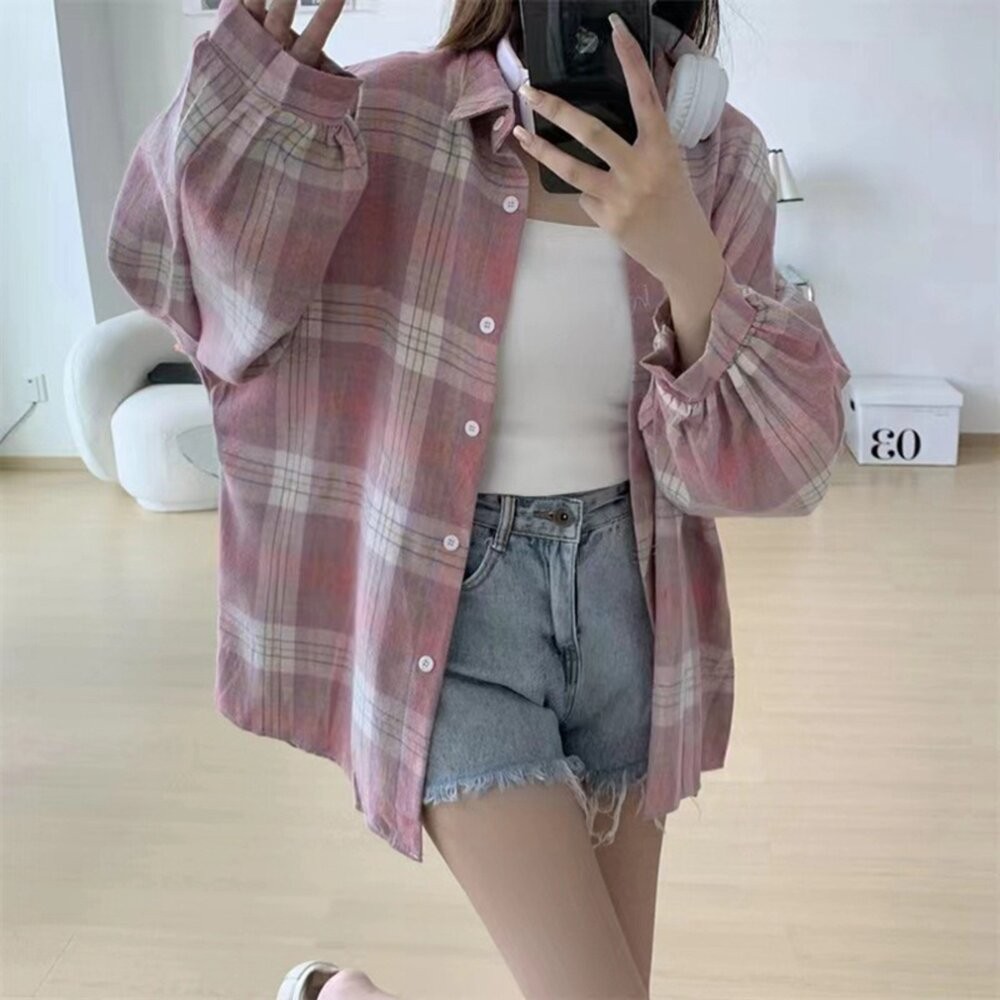 【台灣發貨】韓版寬鬆復古格紋襯衫 外套 防曬外套 女裝 上衣 衣服【J385】-細節圖2