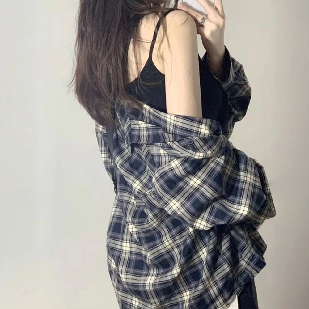 【台灣發貨】韓版寬鬆復古格紋襯衫 外套 防曬外套 女裝 上衣 衣服【J385】-細節圖3