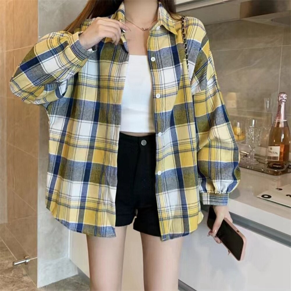 【台灣發貨】韓版寬鬆復古格紋襯衫 外套 防曬外套 女裝 上衣 衣服【J385】-細節圖4