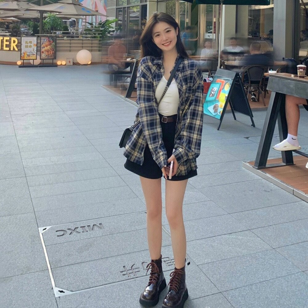 【台灣發貨】韓版寬鬆復古格紋襯衫 外套 防曬外套 女裝 上衣 衣服【J385】-細節圖5