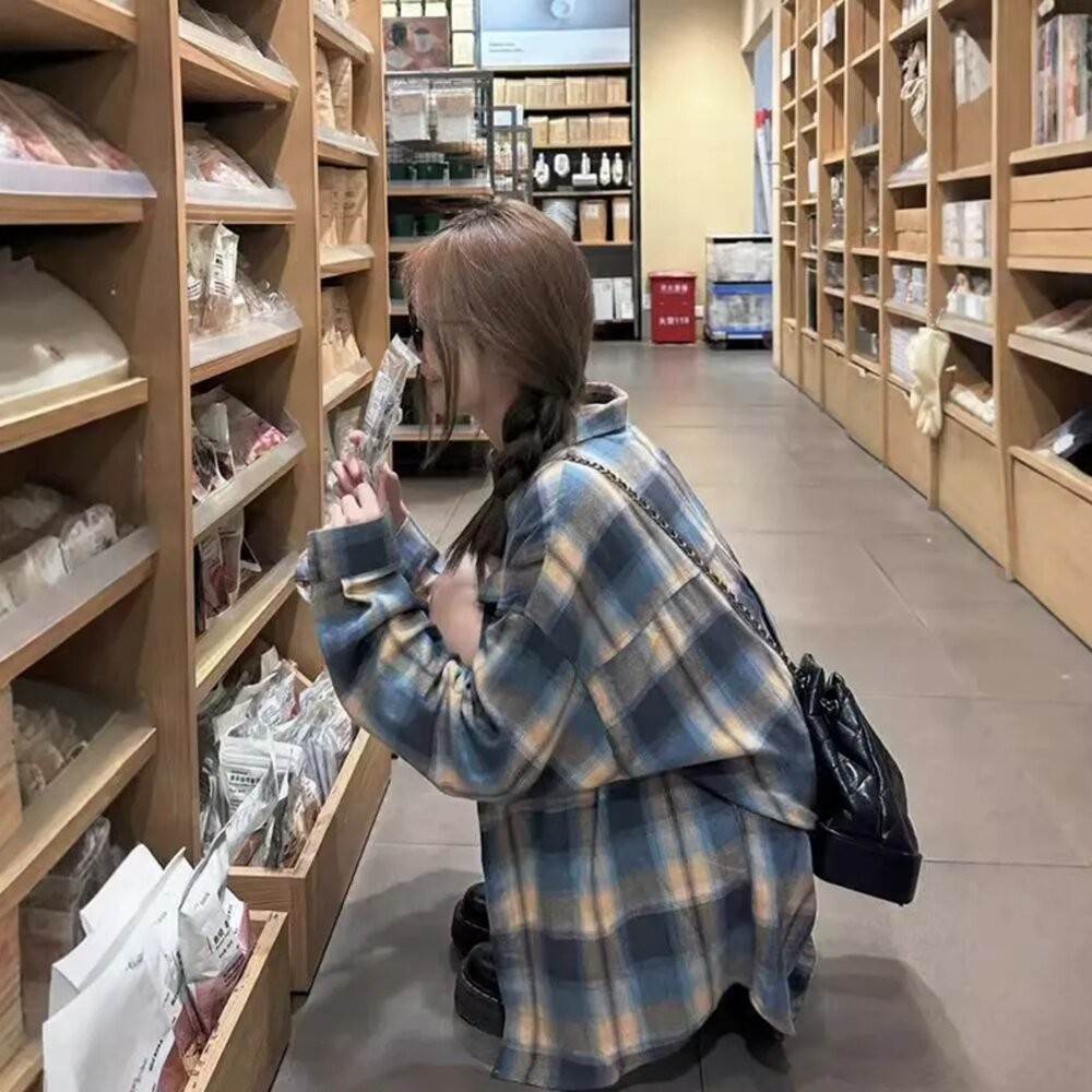 【台灣發貨】韓版寬鬆復古格紋襯衫 外套 防曬外套 女裝 上衣 衣服【J385】-細節圖6