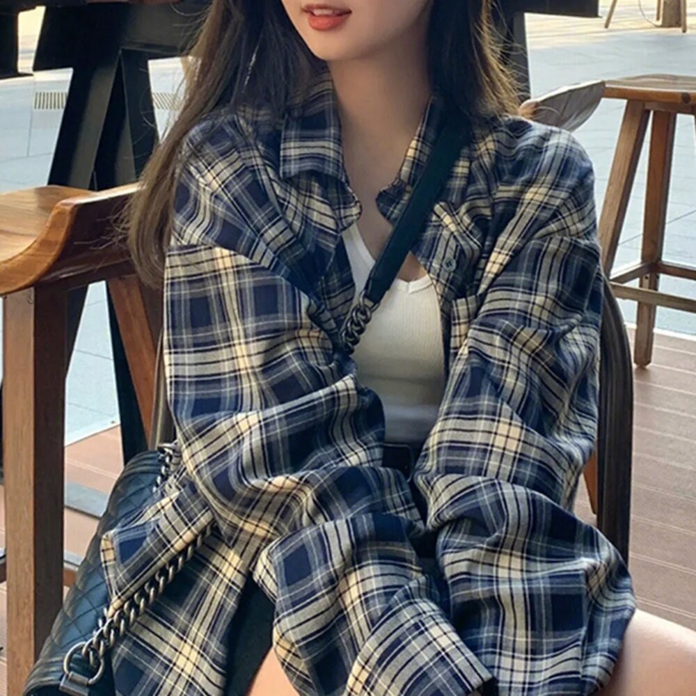 【台灣發貨】韓版寬鬆復古格紋襯衫 外套 防曬外套 女裝 上衣 衣服【J385】-細節圖7