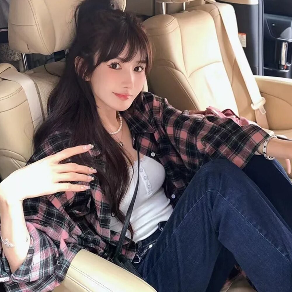 【台灣發貨】韓版寬鬆復古格紋襯衫 外套 防曬外套 女裝 上衣 衣服【J385】-細節圖9