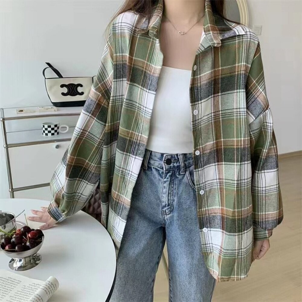 【台灣發貨】韓版寬鬆復古格紋襯衫 外套 防曬外套 女裝 上衣 衣服【J385】-細節圖10