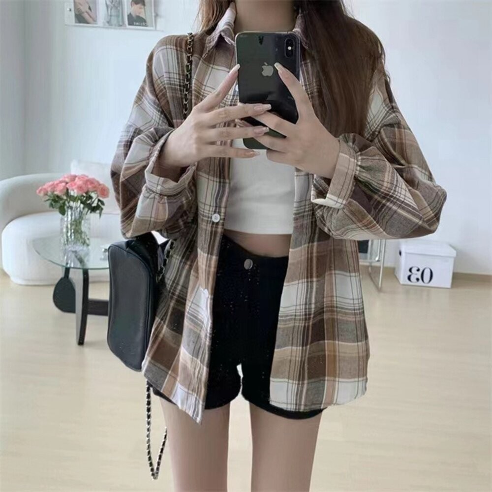 【台灣發貨】韓版寬鬆復古格紋襯衫 外套 防曬外套 女裝 上衣 衣服【J385】-細節圖11