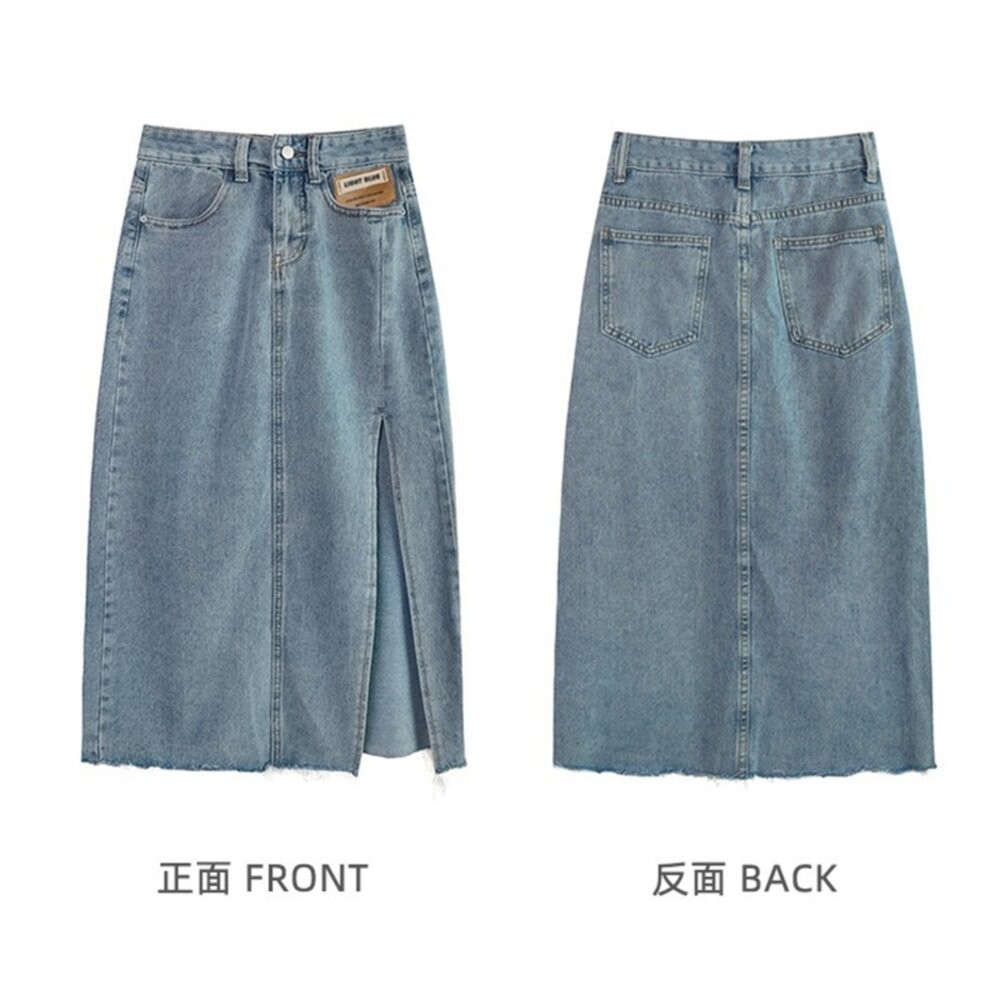 【台灣發貨】韓版高腰顯瘦開叉中牛仔長裙 裙子 褲裙 長裙 女裝【P154】-細節圖10